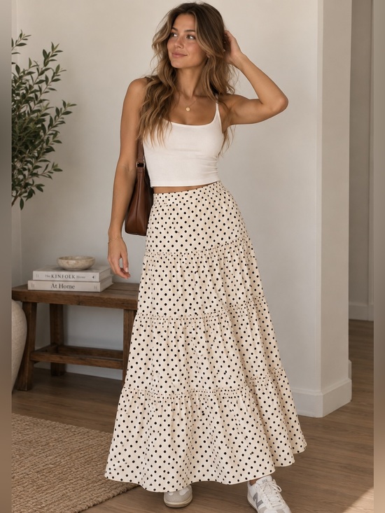 Statements Dresses & Skirts - Statement Size Small Cream Black Polka Dot Tiered Maxi Skirt Boho